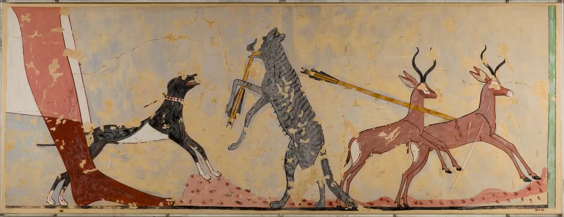 Egyptian tomb painting from the tomb of Ineni: a hunting dog chasing a hyena and a gazelle
