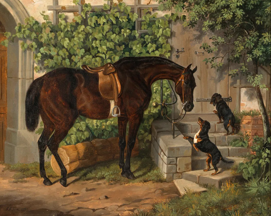 Saddled brown horse and curious Dachshunds, painting by A. Adam, 1850