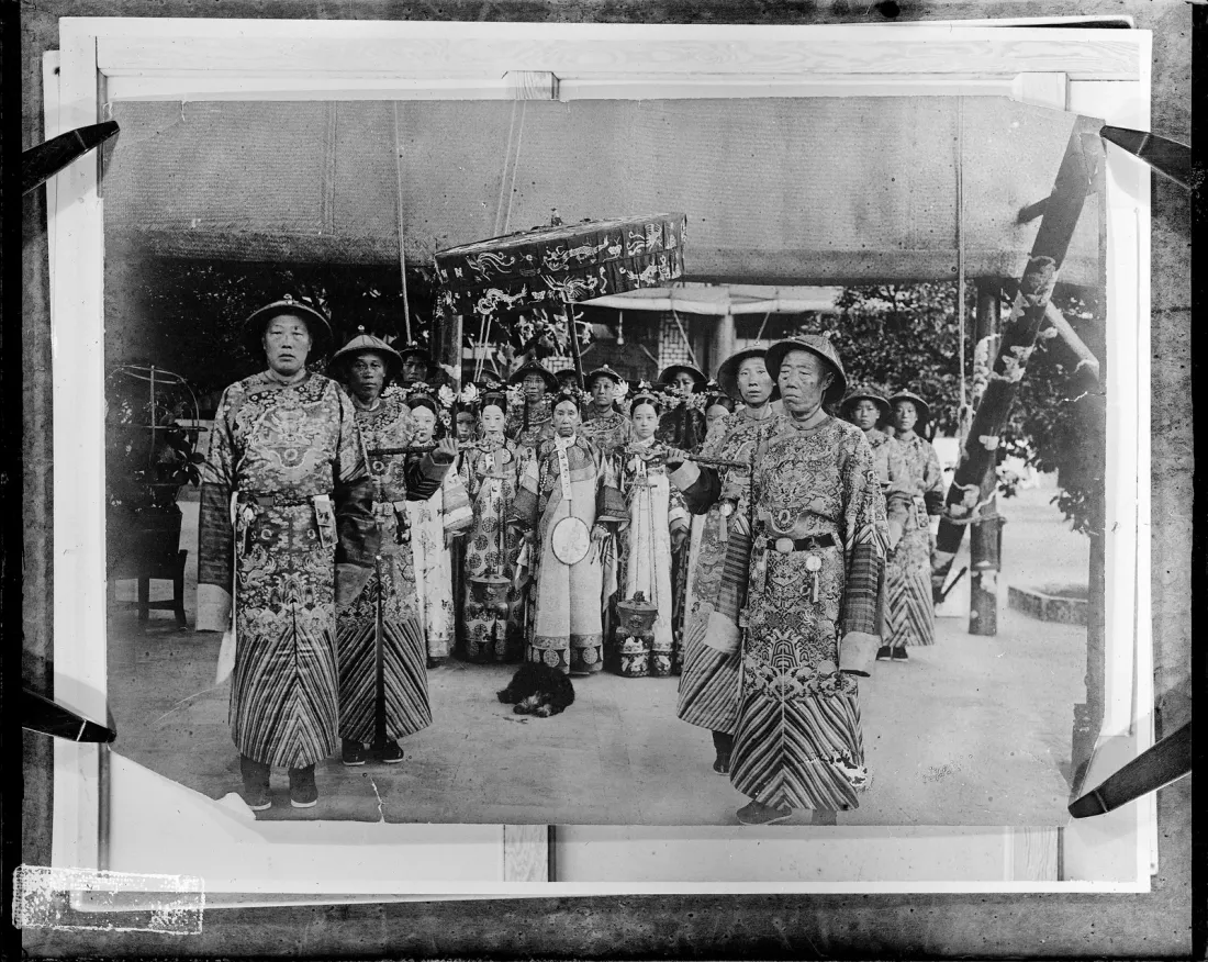 Empress Dowager Cixi surrounded by attendants in front of Renshoudian, Summer Palace, Beijing