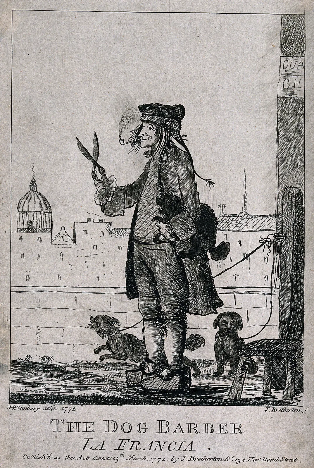 Dog barber with shears and a poodle under his arm on a Paris quay, etching by J. Bretherton